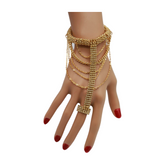 Women Gold Mesh Metal Hand Chain Wrist Fashion Bracelet Ring Size 6.5